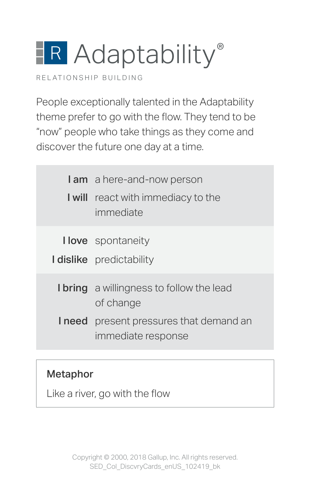 Adaptability strength card describing flexibility, spontaneity, and embracing change.