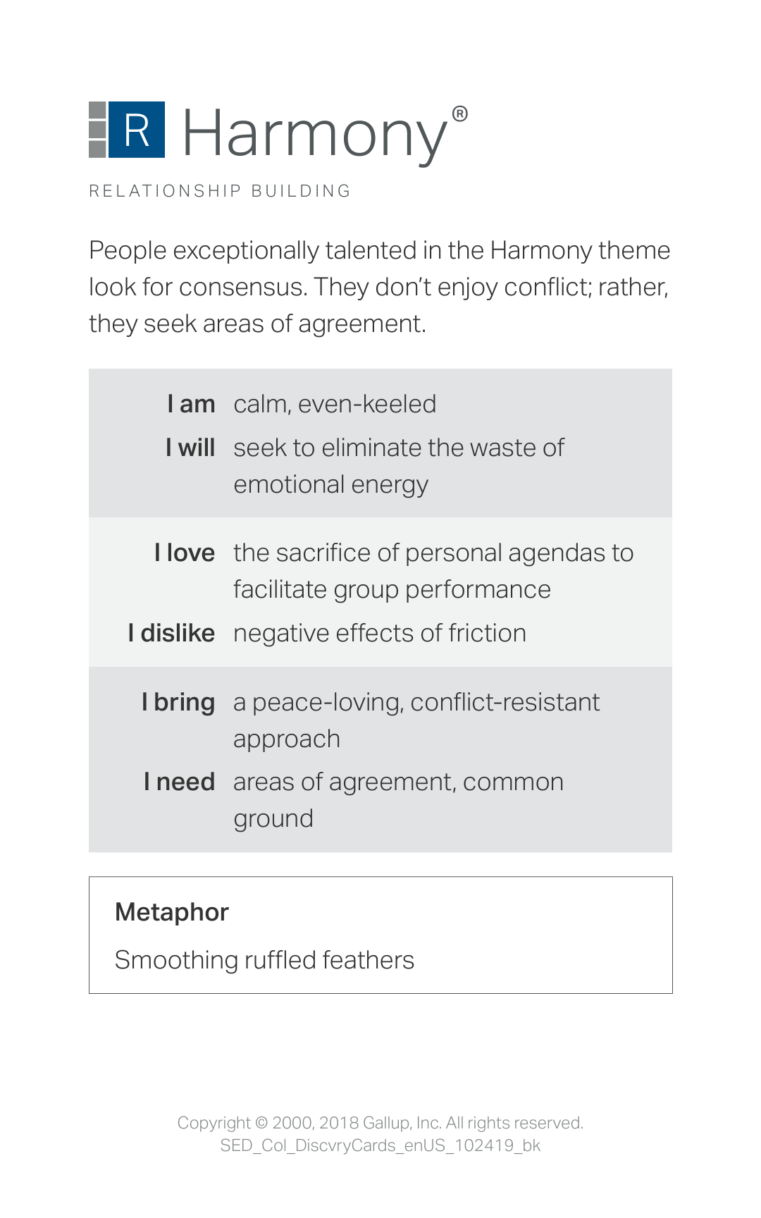 Harmony strength card highlighting cooperation, avoiding unnecessary conflict, and finding common ground.