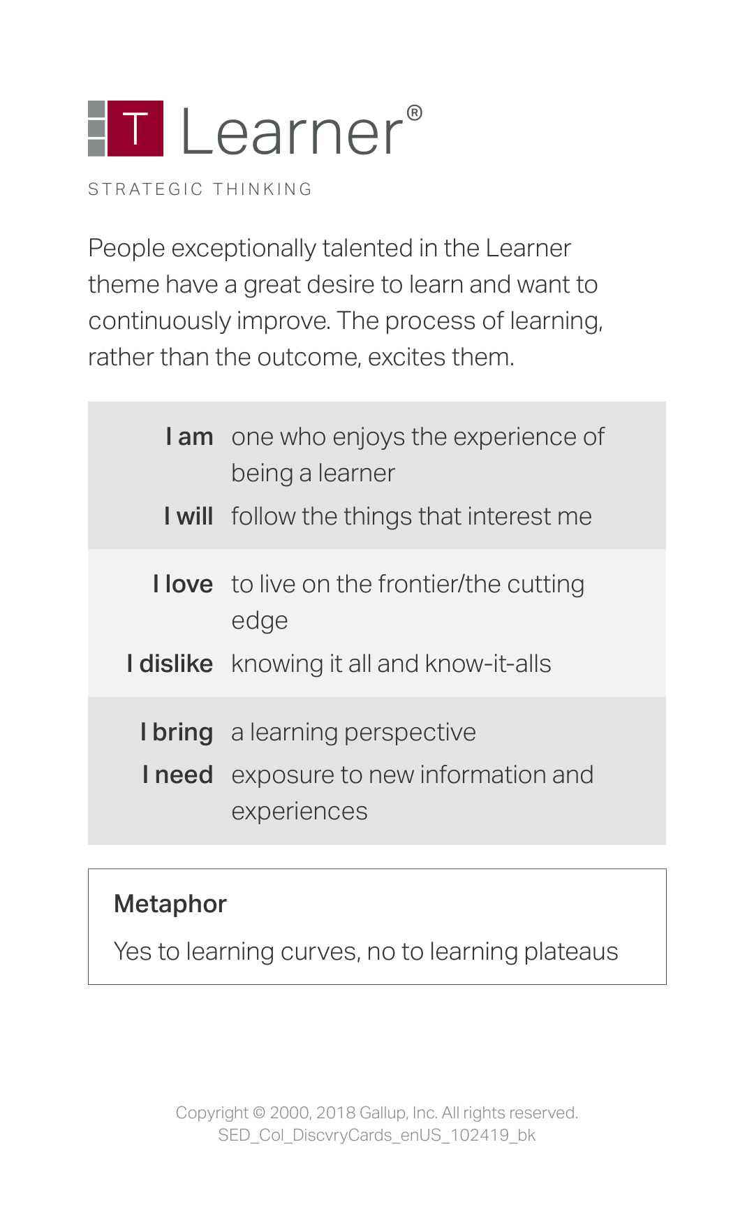 Learner strength card describing curiosity, continuous learning, and personal growth.